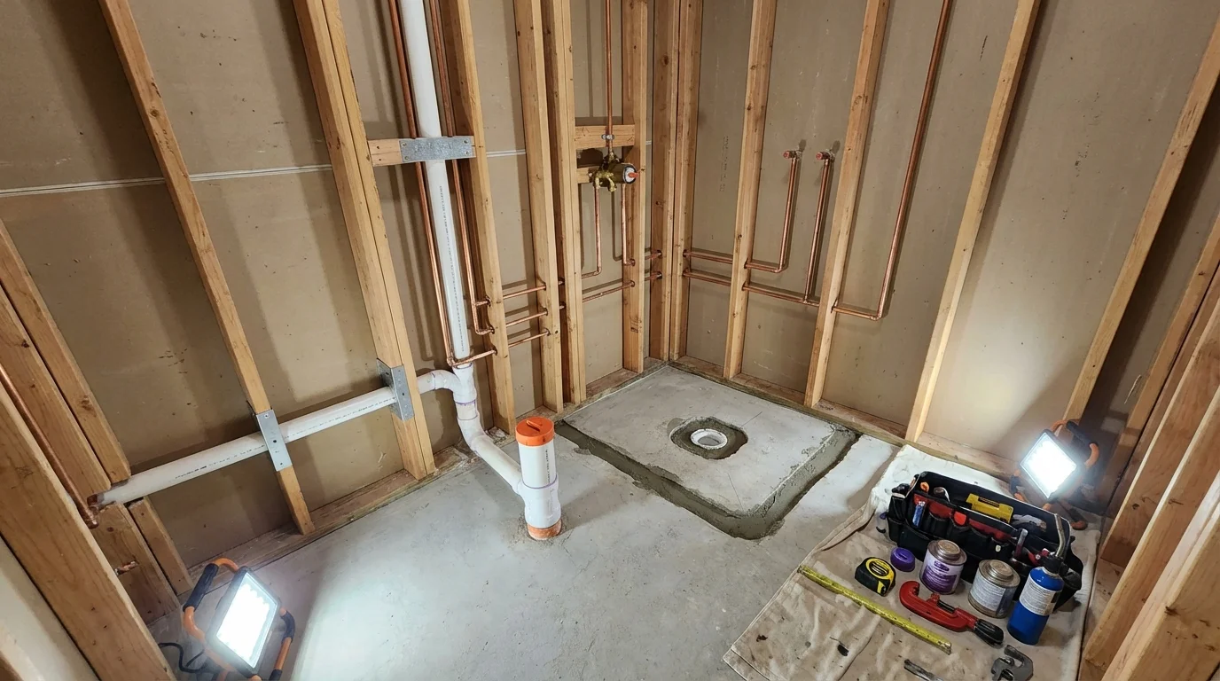 Bathroom rough-in plumbing during remodel by Johns Plumbing LLC in Fort Myers Beach