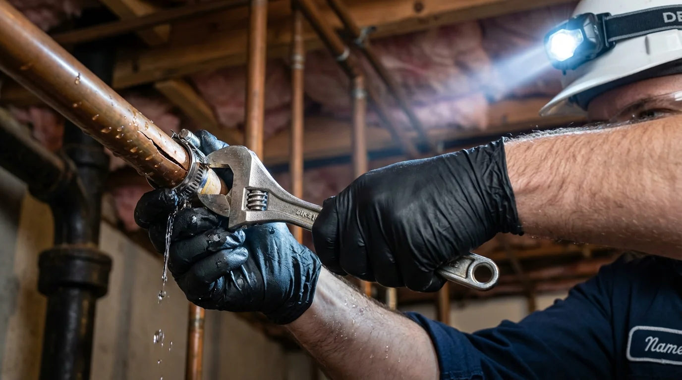 Emergency pipe clamp repair being performed by a Johns Plumbing LLC plumber in Fort Myers Beach