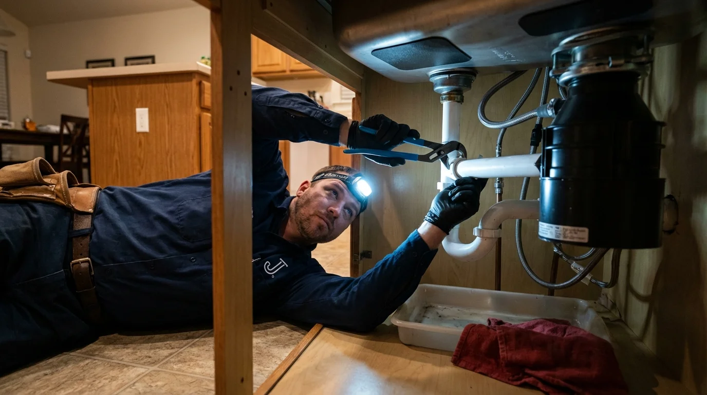 P-trap and supply line connections under a kitchen sink showing a common leak point in Fort Myers Beach, FL